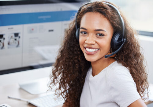 Happy,,Portrait,And,Woman,In,Call,Center,With,Computer,Screen,